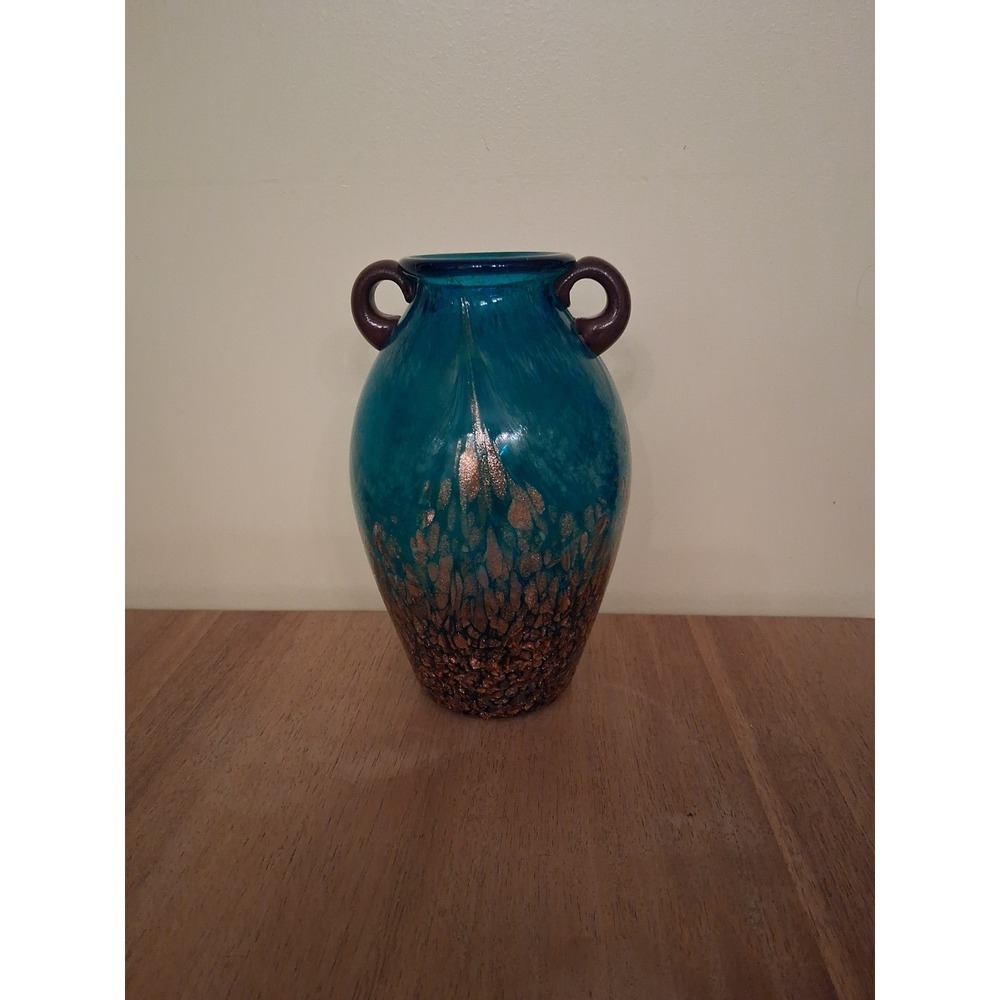 Dale Tiffany Favrile Art Glass Milano Amphora Gold Aventurine Blue Vase